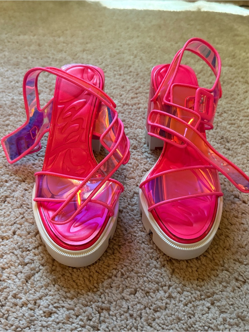 Christian Louboutin Hot Pink Iridescent Strappy Platform Sandals - size 35/US 5
